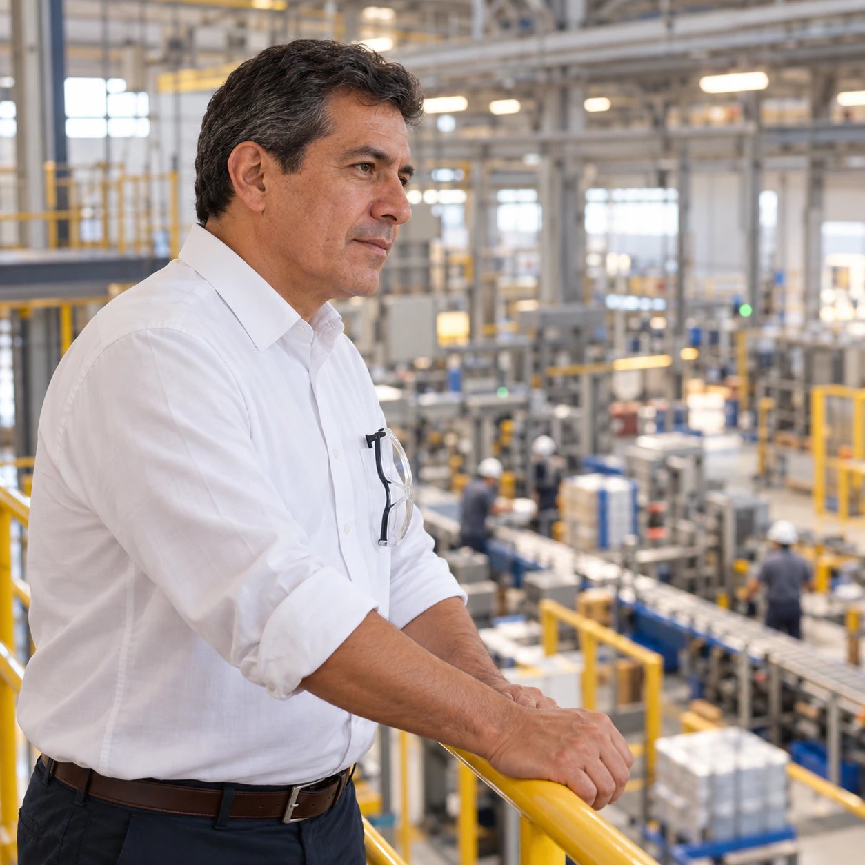 Gerente de planta mirando la línea de producción desde un mezanine