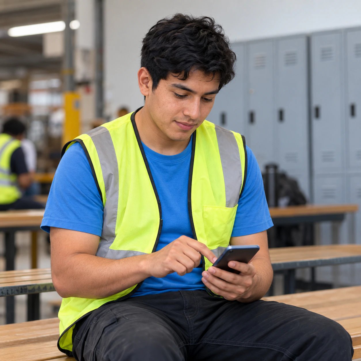 Operario joven firmando en su celular la recepción de un documento
