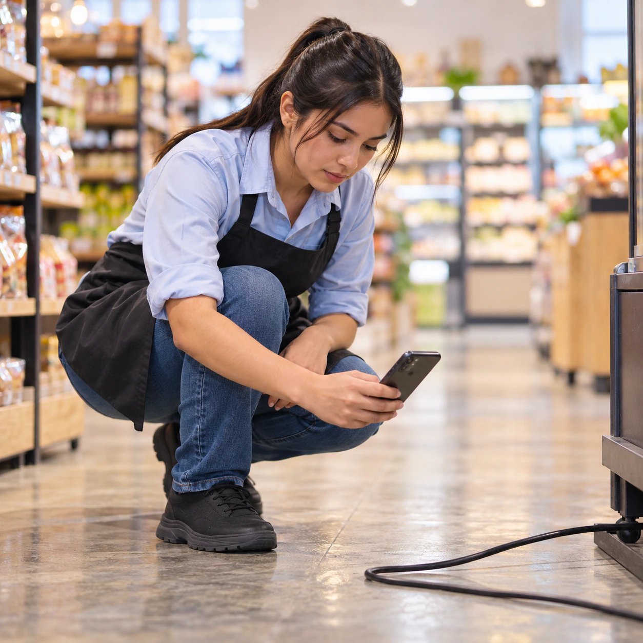 Colaboradora de tienda fotografiando con su celular un cable suelto en el piso