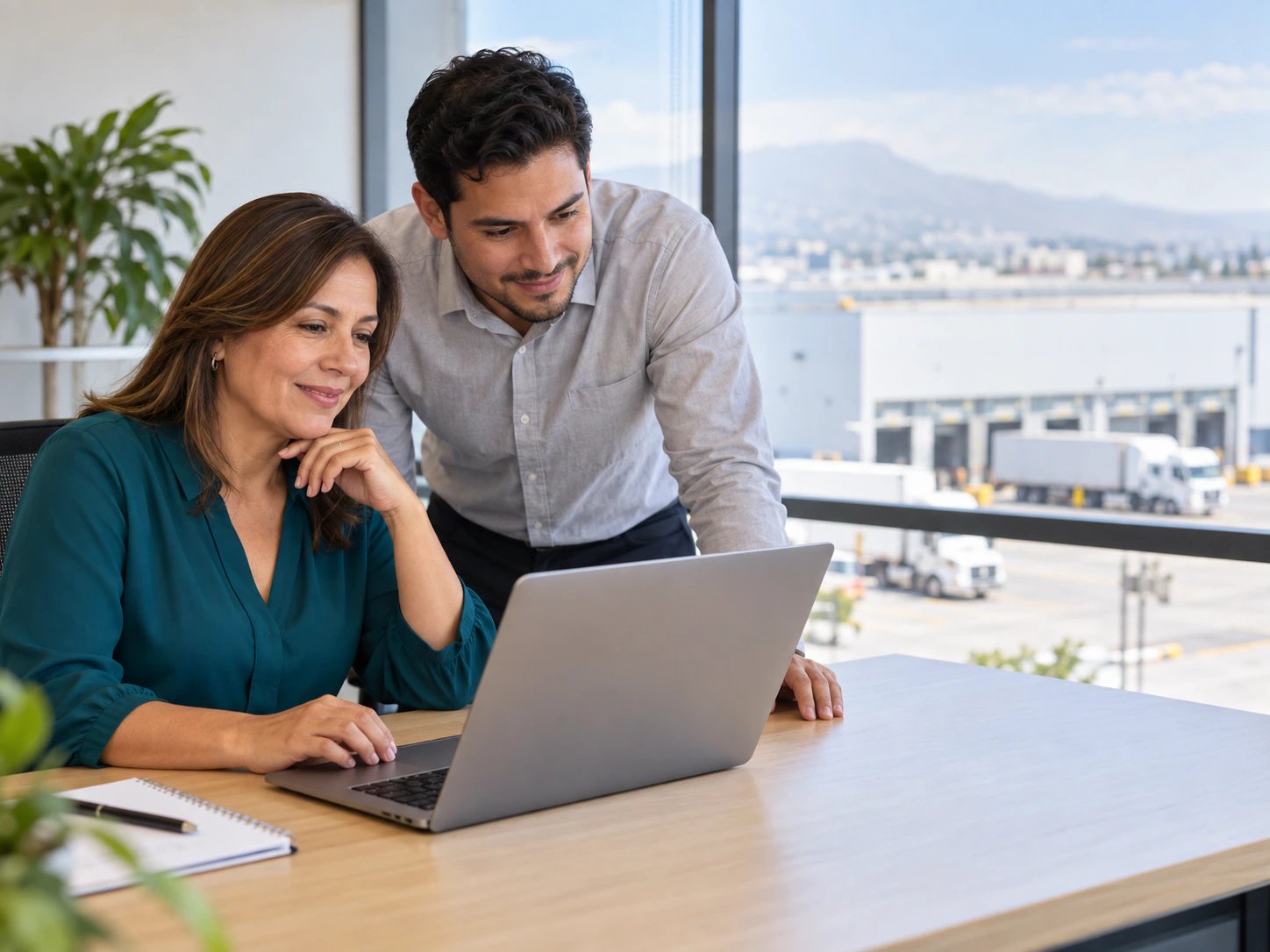 Jefa de recursos humanos y jefe de seguridad revisando juntos una laptop en una oficina luminosa