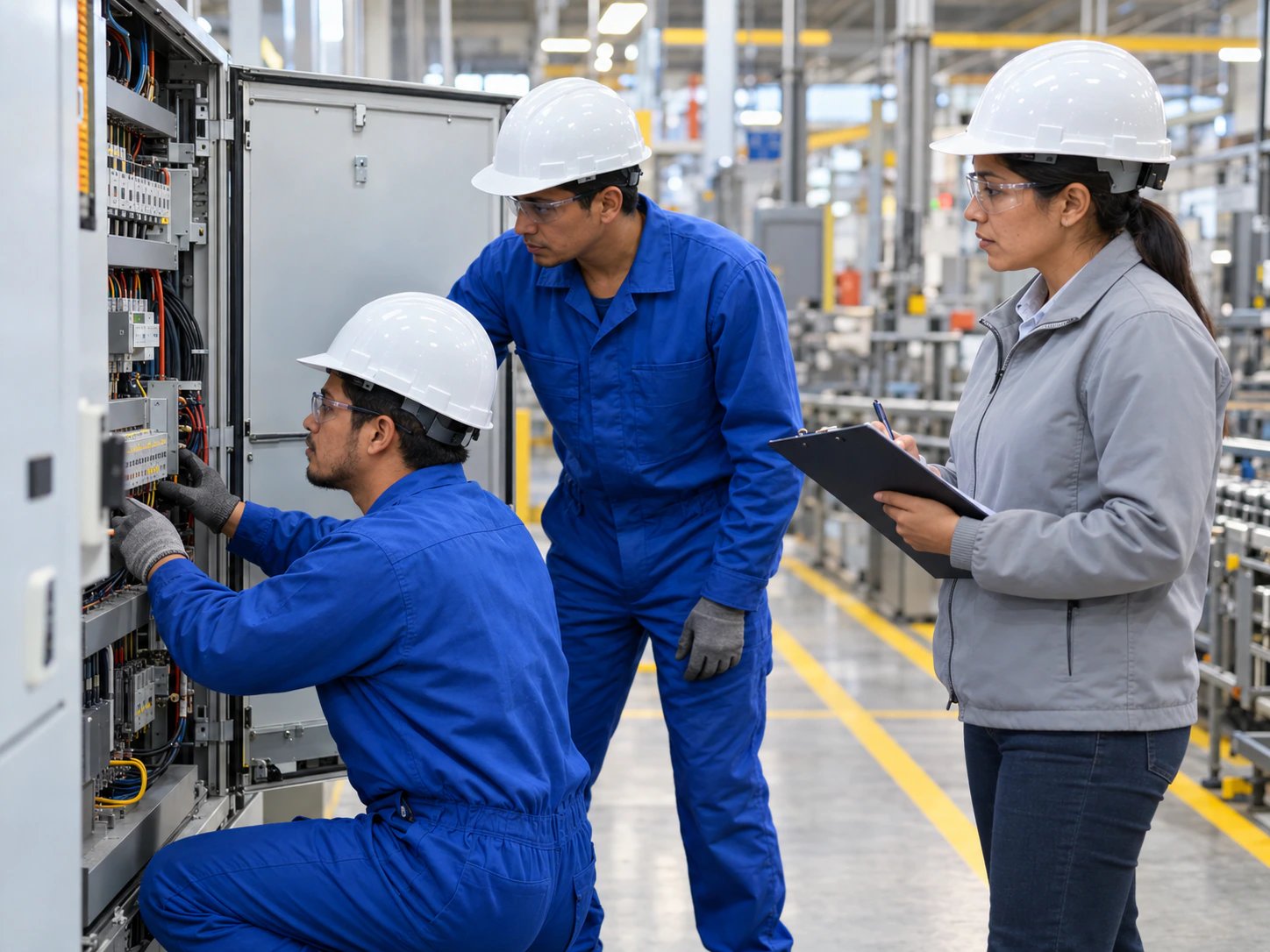 Técnicos contratistas de mantenimiento revisando un tablero eléctrico junto a una supervisora de planta