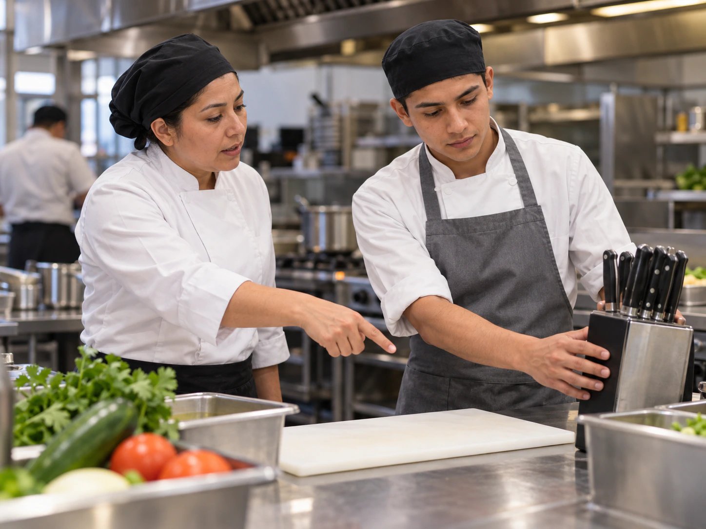Supervisora de cocina revisando con su ayudante el orden de una estación de trabajo en un restaurante