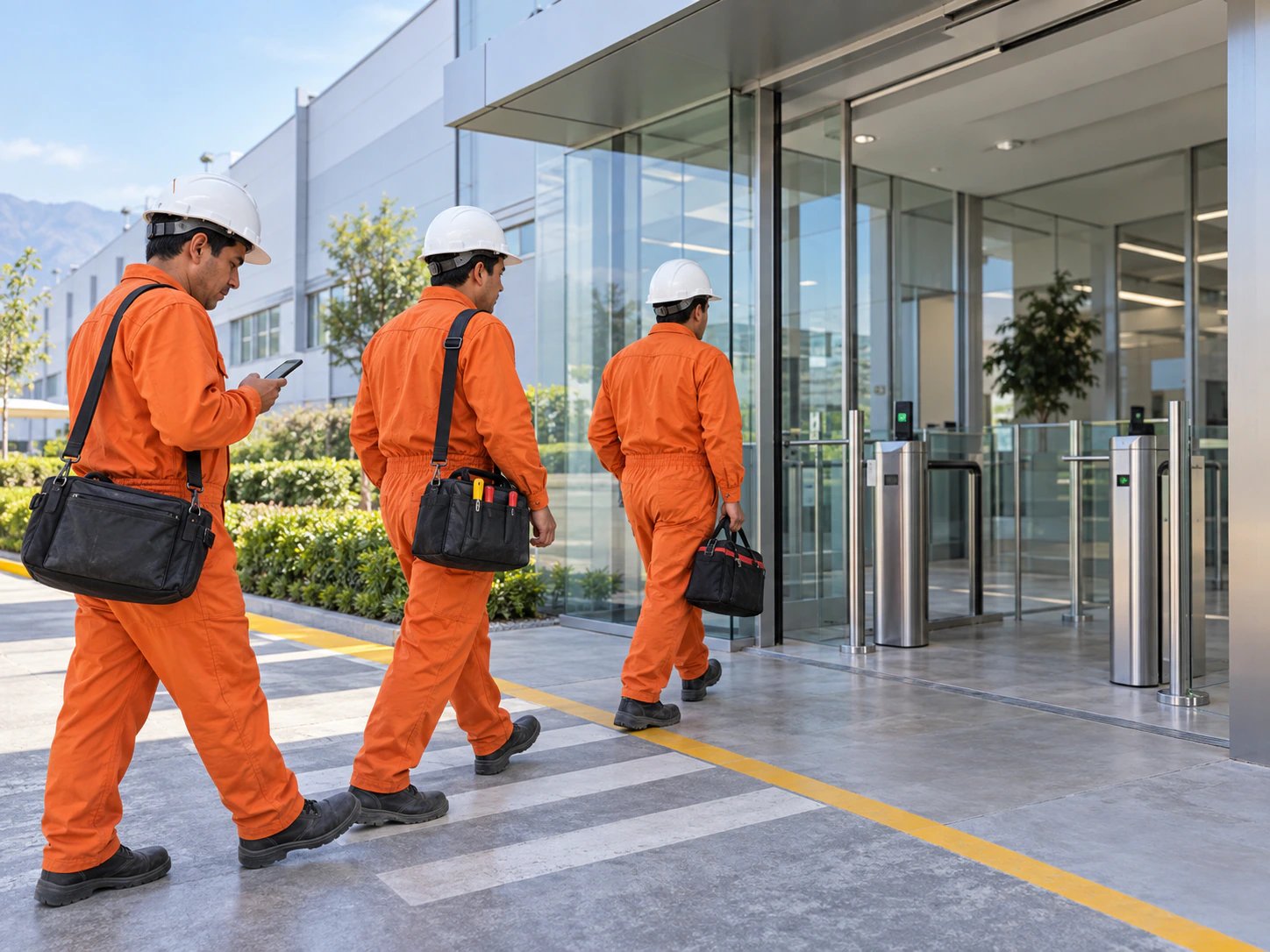 Técnicos contratistas con sus herramientas caminan hacia el ingreso de una planta de manufactura