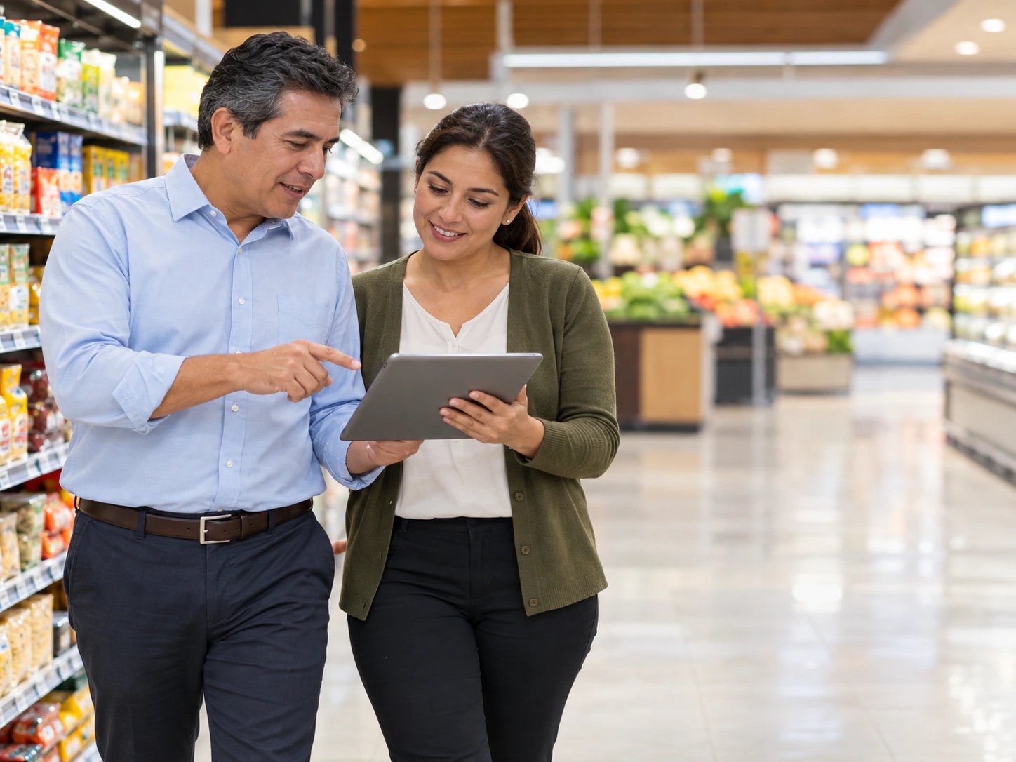 Gerente regional y jefa de tienda revisan juntos una tablet al recorrer un supermercado ordenado