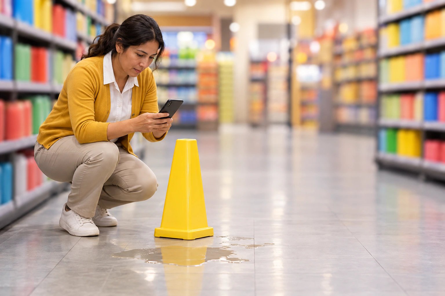 Jefa de tienda revisando en su celular una condición insegura en un pasillo de supermercado